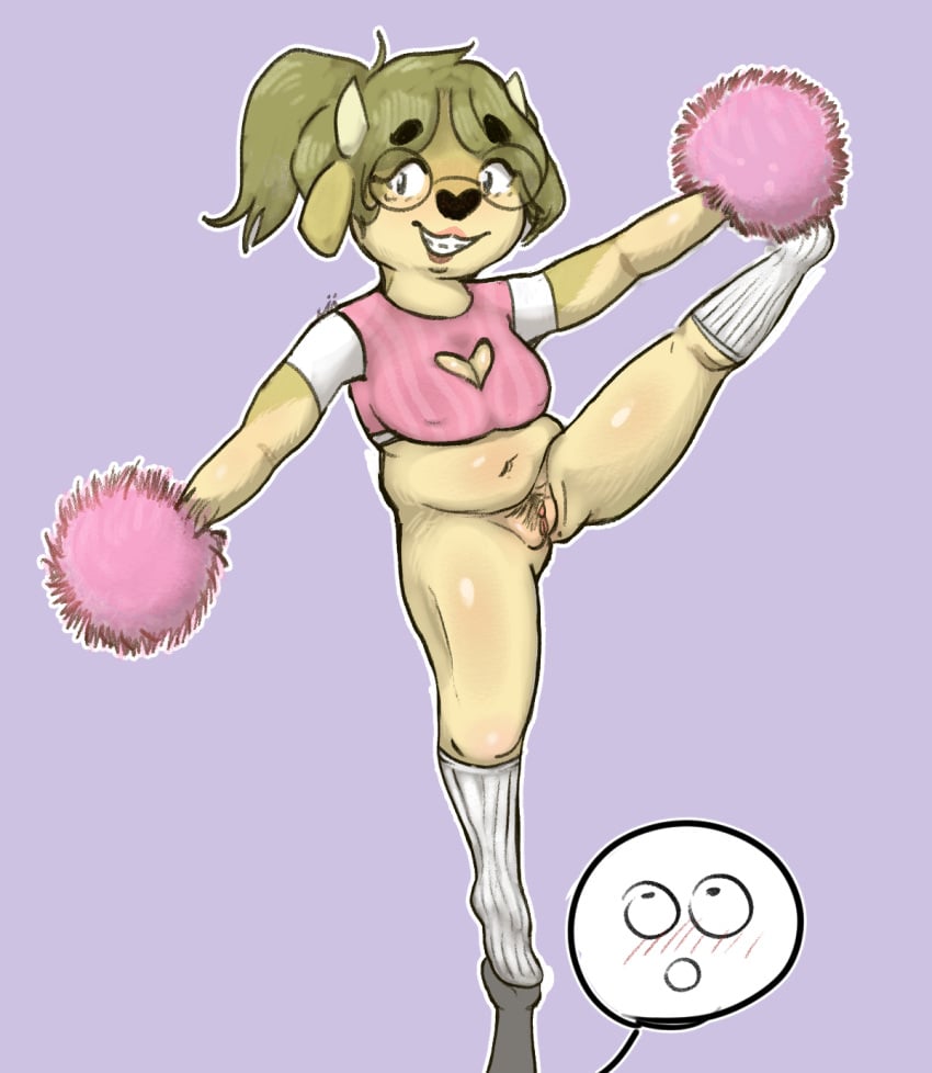 anthro bajaboobey balancing braces cheerleader cleavage_cutout clothed clothing cutout exhibitionism female footwear genitals hi_res knee_highs knee_socks legwear maggie_hudson partially_clothed pom_poms pose pubes public pussy raised_leg socks solo