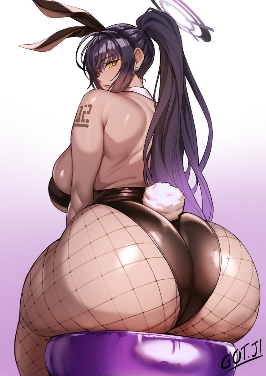 1girls absurdres animal_ear_hairband animal_ears artist_name artist_signature ass bare_back bare_shoulders big_ass big_breasts black_hair black_leotard blue_archive breasts bunny_ears_headband bunny_girl bunny_tail bunnysuit cleaning_&_clearing_(blue_archive) curvy dark-skinned_female dark_skin detached_collar earrings eyebrows_visible_through_hair fake_animal_ears fake_tail fishnet_pantyhose fishnets from_behind got_ji_(gojich1) gradient_hair hair_between_eyes hairband halo highres huge_ass huge_breasts jewelry karin_(blue_archive) karin_(bunny)_(blue_archive) karin_(bunny_girl)_(blue_archive) large_ass large_breasts leotard long_hair looking_at_viewer looking_back millennium_science_school_student multicolored_hair number number_tattoo official_alternate_costume pantyhose parted_lips playboy_bunny ponytail purple_hair purple_halo rabbit_ear_hairband rabbit_tail sideboob signature sitting skindentation solo strapless strapless_leotard stud_earrings tail tail_through_clothes tattoo thick_thighs thighs very_long_hair yellow_eyes