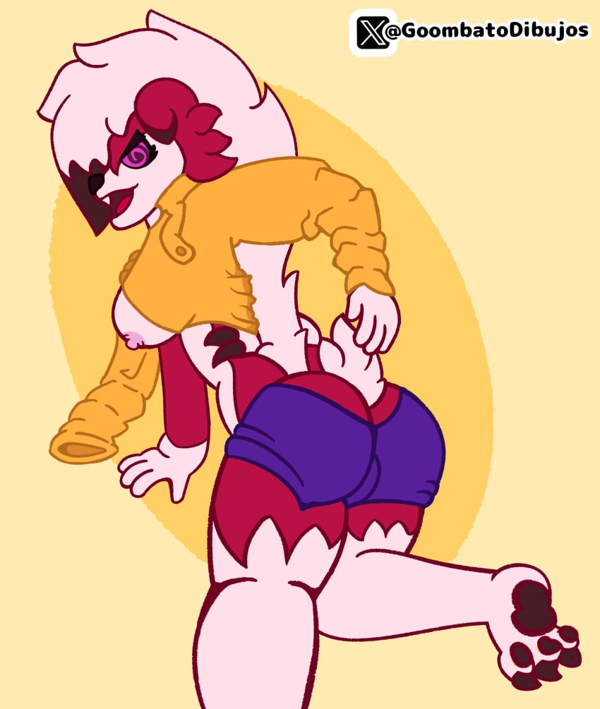 absurd_res anthro breasts canid canine clothing fan_character female fur generation_7_pokemon goombato_dibujos hair hi_res jeans_shorts lycanroc mammal midnight_lycanroc nintendo paws pokemon pokemon_(species) red_body shirt smile solo tail topwear white_body yellow_clothing yellow_shirt yellow_topwear