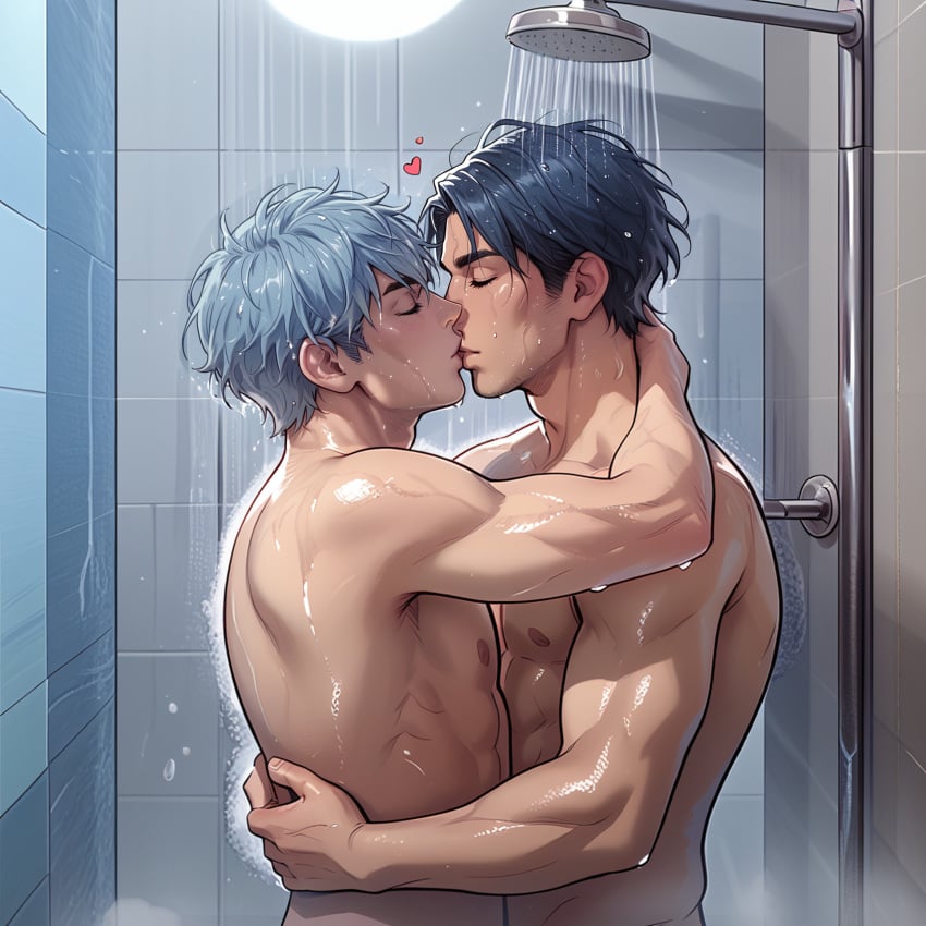 ai_generated blue_hair blush byleth_(fire_emblem) byleth_(fire_emblem)_(male) caspar_von_bergliez couple fire_emblem fire_emblem:_three_houses gay hug kissing muscular nipples pectorals romantic short_hair shower showering_together water wet wet_hair