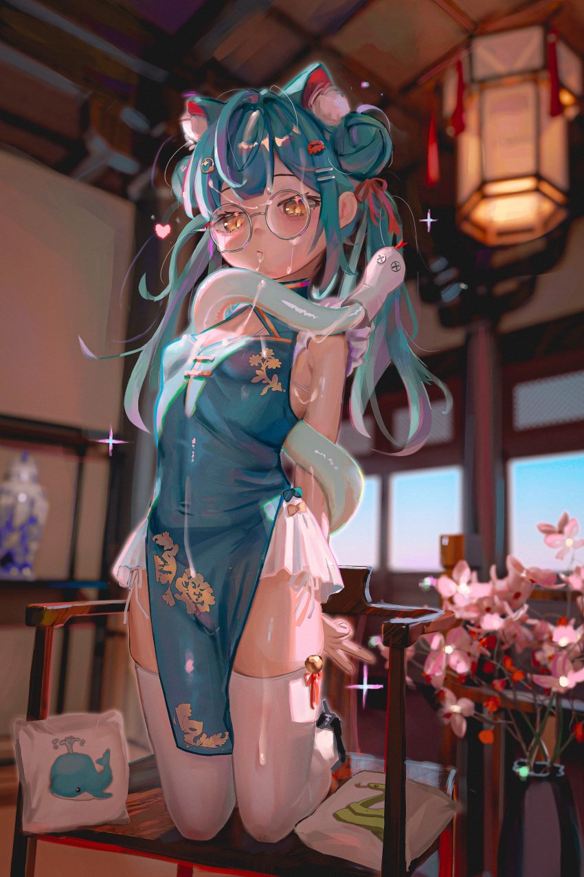 absurdres ai_generated animal_ear_fluff animal_ears bikini blue_dress breasts cat_ears cat_girl cat_tail china_dress chinese_clothes chinese_new_year closed_mouth commentary_request cum cum_on_body cum_on_clothes cum_on_hair double_bun dress extra_ears facial female glasses hair_bun highres hsch indoors kneeling long_hair orange_eyes original pelvic_curtain round_eyewear side-tie_bikini_bottom small_breasts solo swimsuit tail thighhighs twintails variant_set white_bikini white_thighhighs