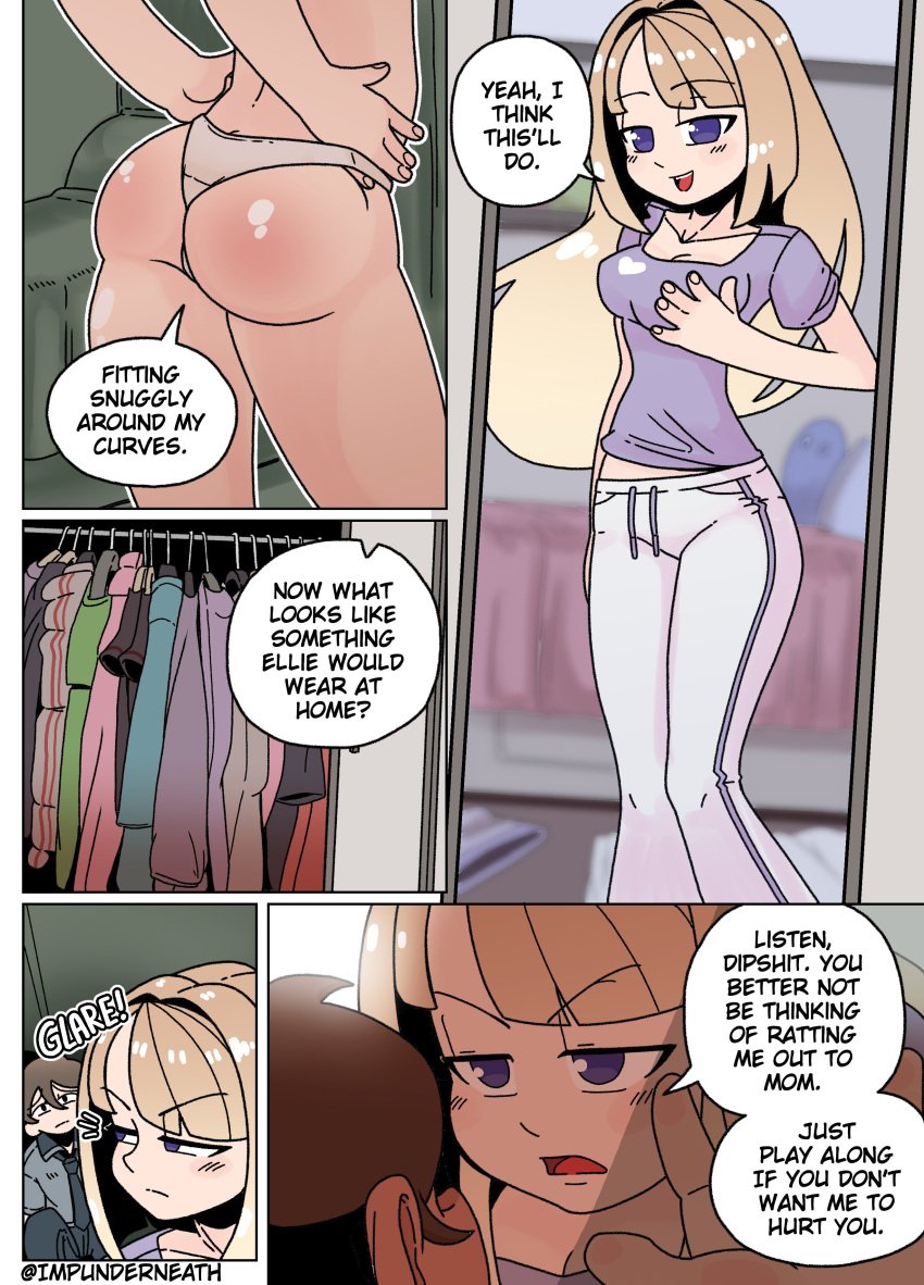 color comic disguise ellie_(impunderneath) english_text female imposter impunderneath original original_character possessed possession skinsuit