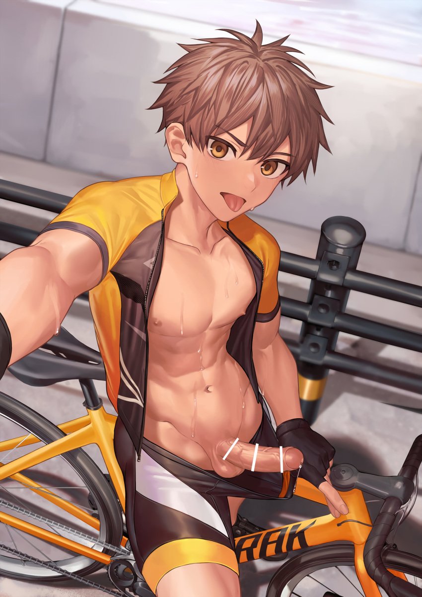 1boy abs balls bicycle big_areola bike biker biker_clothes blush brown_hair censor_bar censored censored_penis collarbone depth_of_field erect_nipples erection eyelashes fence fingerless_gloves fingernails foreskin gay gloves hi_res looking_at_viewer male male_only mature_male muscles muscular muscular_male navel nayoshi_(r-744) no_body_hair open_clothes open_mouth original original_character outdoor_nudity outdoors pants_down pecs penis pointless_censoring precum precum_drip public public_nudity road selfie selfie_pose shadow short_hair sitting six_pack solo sweat sweatdrop sweating sweaty tongue_out uncut veiny_penis yaoi yellow_eyes young