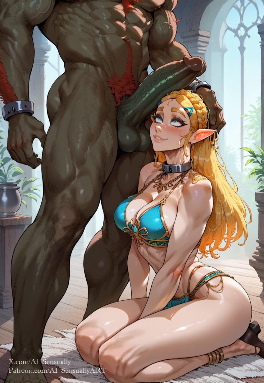 1boy 1girls 2d ahe_gao ai_generated ai_sensuality big_breasts bikini blonde_hair blue_eyes chain_leash cock_worship elf elf_ears feral ganondorf grey_body groping groping_breasts hairy_male jewelry kneeling kneeling_oral_position large_penis light-skinned_female looking_up massive_penis midriff muscular muscular_male navel nipple_bulge nipples non-human penis_awe princess_zelda saliva slave_bikini slave_collar slave_leia_(cosplay) slave_outfit slavegirl slut_collar submissive_female the_legend_of_zelda the_legend_of_zelda:_breath_of_the_wild zelda_(breath_of_the_wild) zelda_(tears_of_the_kingdom)