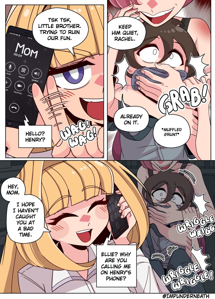 2girls blonde_hair color comic ellie_(impunderneath) english_text female impunderneath original original_character possessed possession purple_eyes