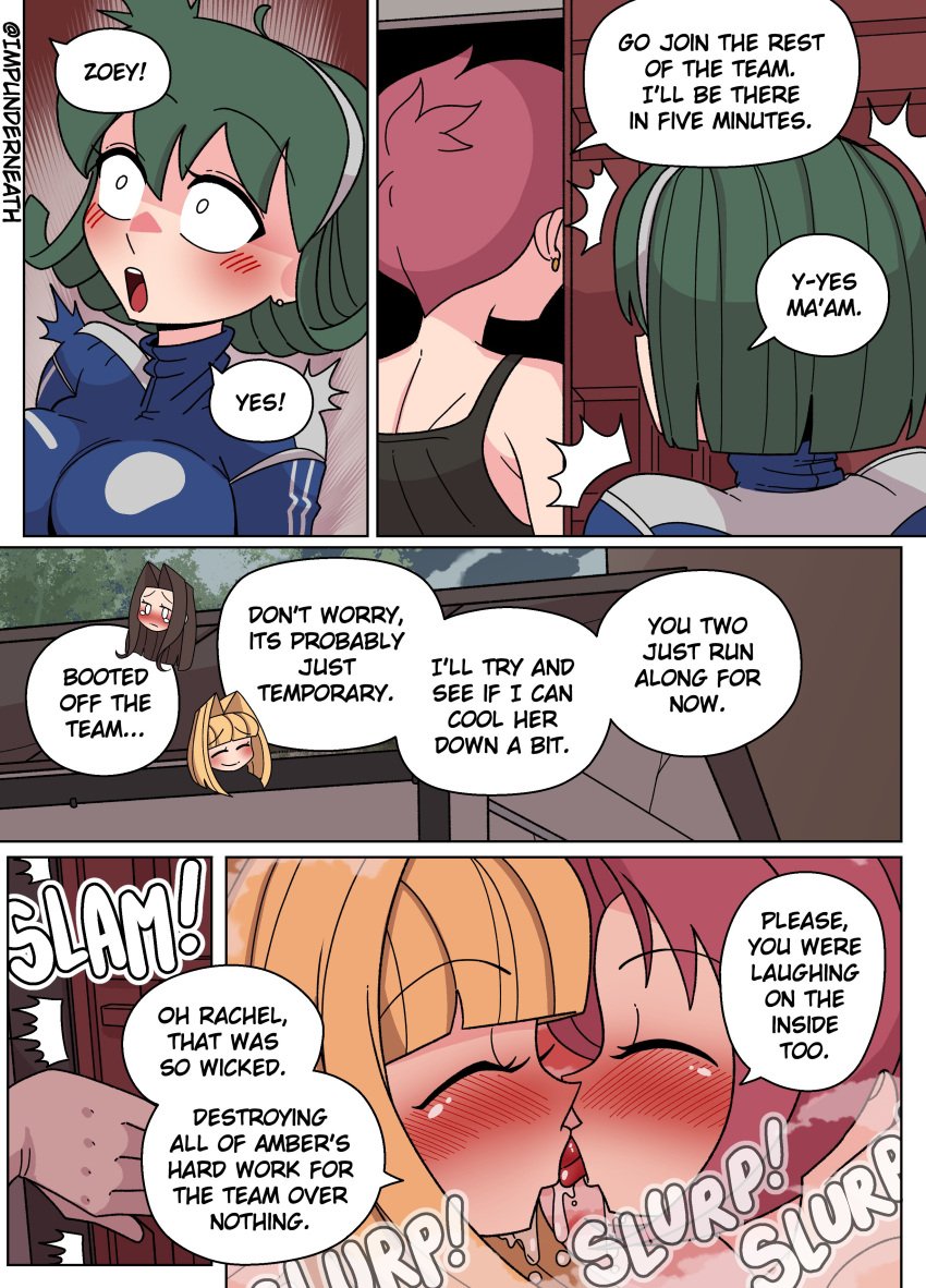 2girls color comic disguise english_text female imposter impunderneath kissing original original_character possessed possession rachel_ray_(impunderneath) red_hair skinsuit yuri