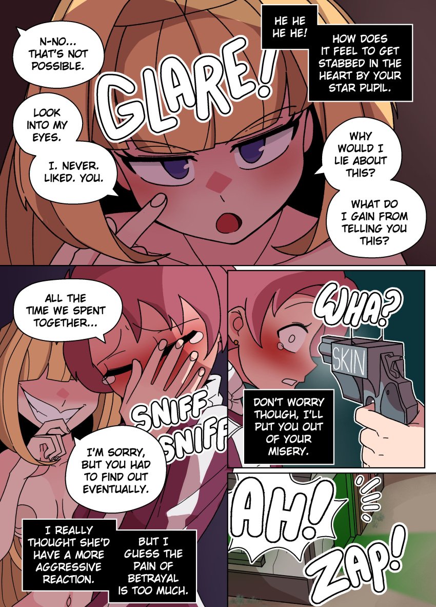 blonde_hair color comic ellie_(impunderneath) english_text female impunderneath original original_character possessed possession purple_eyes rachel_ray_(impunderneath) red_hair skinsuit_gun