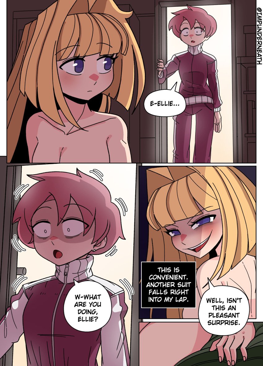 blonde_hair color comic ellie_(impunderneath) english_text female impunderneath original original_character possessed possession purple_eyes rachel_ray_(impunderneath) red_hair