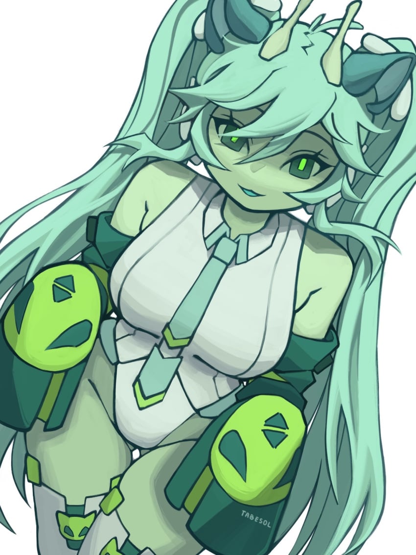 1girls alien alien_girl alien_humanoid female glorpi_miku_(dyarikku) green_skin hatsune_miku leotard long_sleeves looking_at_viewer sleeves_past_wrists sole_female solo_female tabesol vocaloid