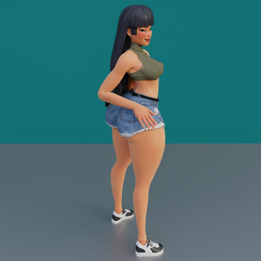 3d ass big_ass black_hair booty_shorts bubble_butt chel chel_(the_road_to_el_dorado) curvaceous curvy fat_ass female heperson latina shorts shortstack simple_background thick thick_ass thick_thighs voluptuous voluptuous_female