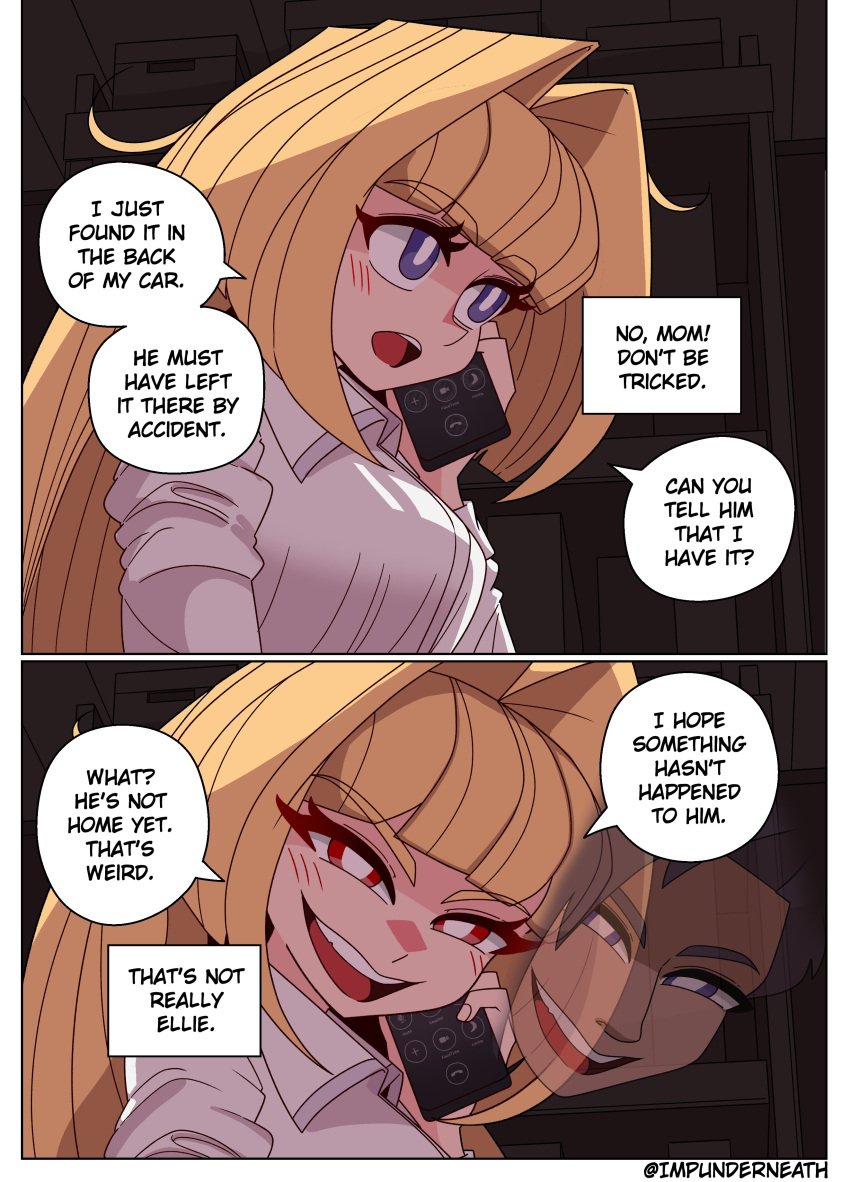 blonde_hair color comic disguise ellie_(impunderneath) english_text evil_smile female imposter impunderneath original original_character possessed possession purple_eyes skinsuit