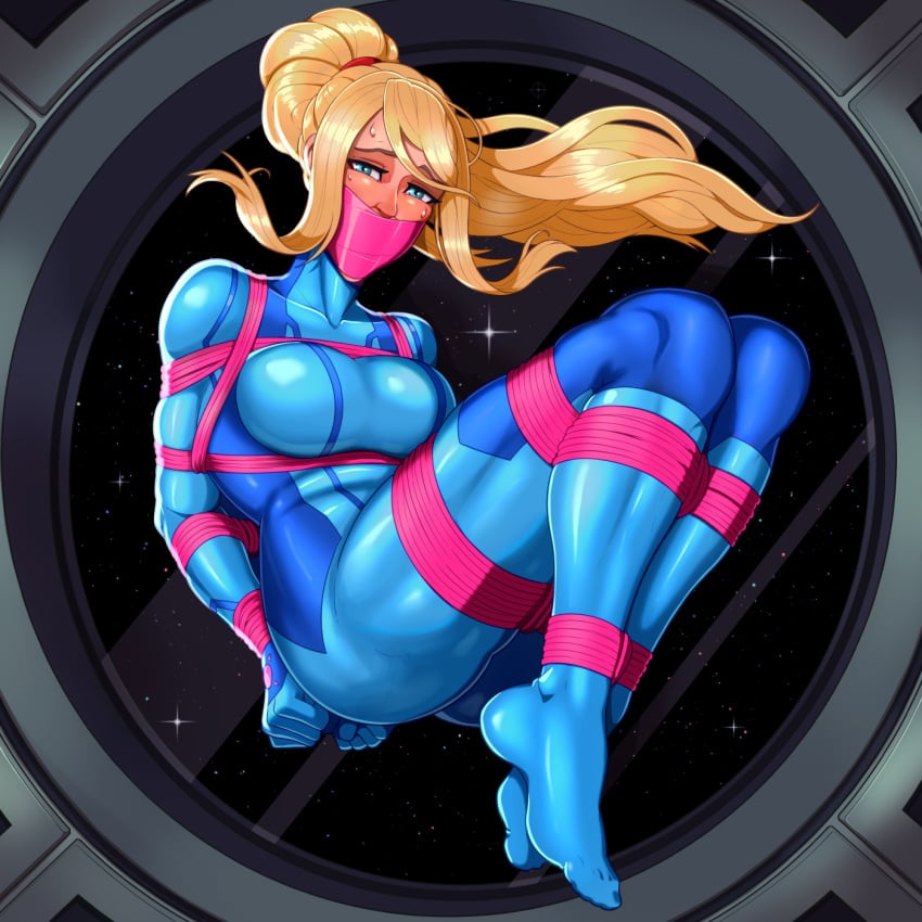 1girls blonde_hair blue_clothing blue_eyes bondage bound female female_only femsub fully_clothed gag gagged metroid png rope samus_aran shiny_clothes skelebomb solo solo_female space tape tape_gag tight_clothing zero_gravity zero_suit zero_suit_samus