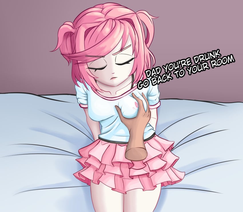 1female 1girls ambiguous_consent doki_doki_literature_club female_focus grope groping groping_breasts incest moritaris natsuki_(doki_doki_literature_club) pink_hair sad unwanted