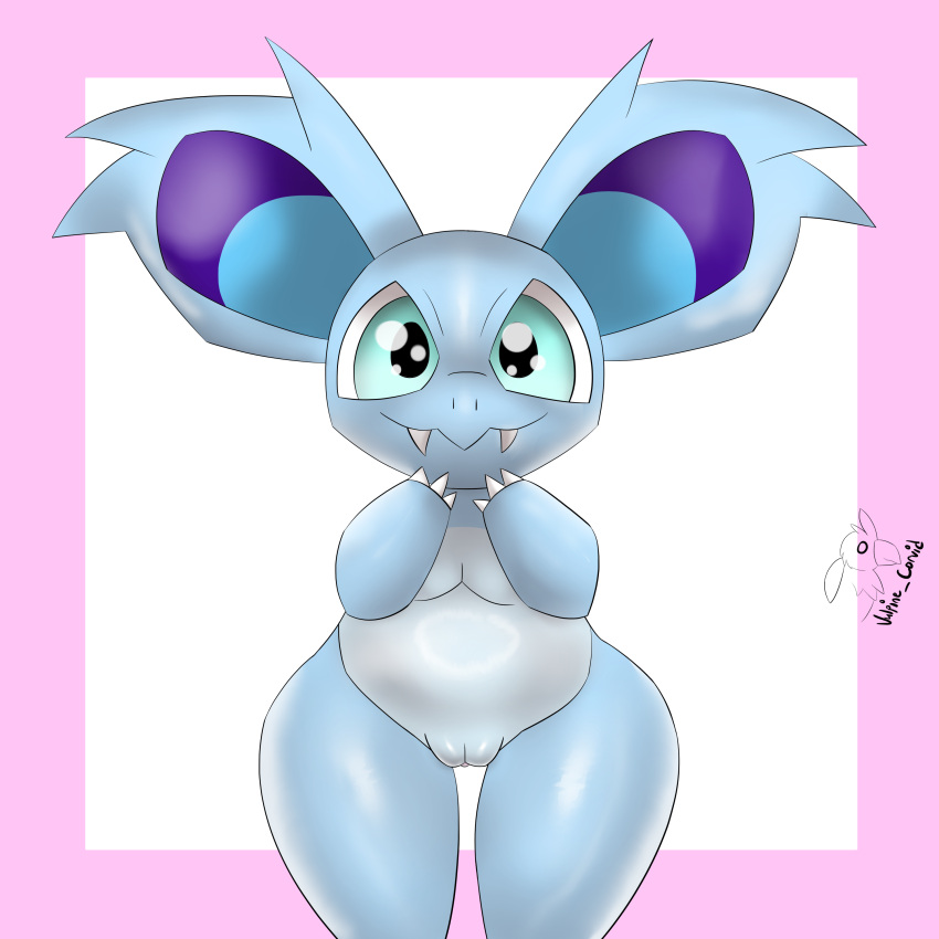 1:1 absurd_res bianca_(vulpine_corvid) blue_eyes clitoris fangs female front_view generation_1_pokemon genitals hi_res nidorina nintendo pokemon pokemon_(species) pussy simple_background smile smiling_at_viewer solo teeth vulpine_corvid