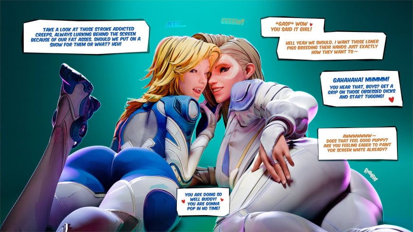 2girls 3d ass big_ass blonde_hair cloak_and_dagger dagger_(marvel) dagger_(marvel_rivals) dialogue dirty_talk fantastic_four female female_only invisible_woman invisible_woman_(marvel_rivals) joi marvel marvel_rivals pumpalooza sue_storm talking_to_viewer tandy_bowen text text_box