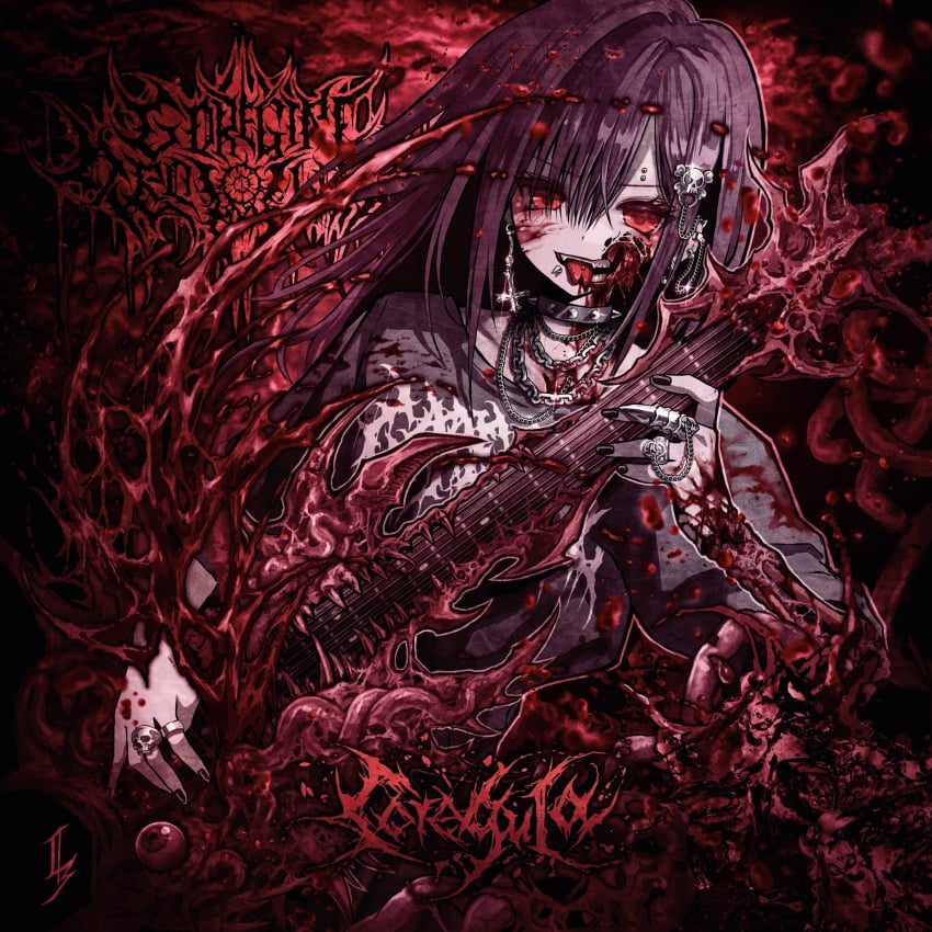 album_cover black_choker black_nails black_shirt blood blood_on_clothes blood_on_face chain_necklace chains choker collarbone cover cross cross_earrings cum cum_on_body ear_piercing earrings female forked_tongue gorezono_neo_(yu-ki_iwata) guitar guro hair_between_eyes highres holding holding_instrument instrument intestines jewelry looking_at_viewer medium_hair nail_polish necklace oerba_yun_fang open_mouth original piercing purple_hair red_eyes ring shirt short_sleeves smile solo spiked_choker spikes tongue tongue_out yu-ki_iwata