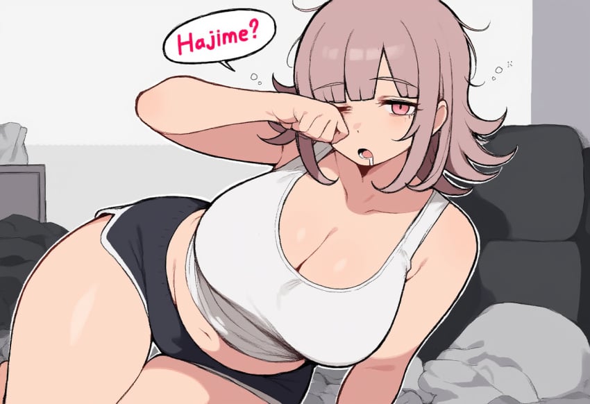 1girls ai_generated cleavage danganronpa danganronpa_2:_goodbye_despair huge_breasts looking_at_viewer messy_hair nanami_chiaki novelai rubbing_eye solo_female speech_bubble thick_thighs tired wide_hips