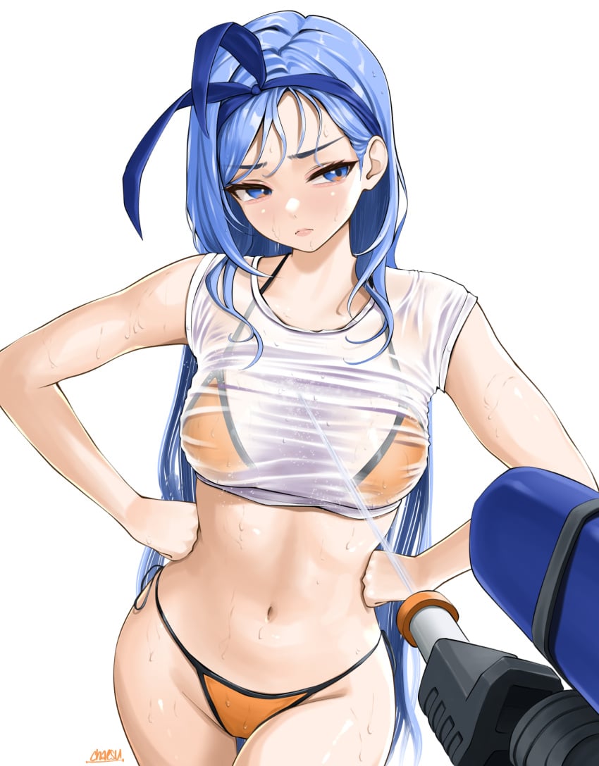 1girls annoyed bikini bikini_under_clothes blue_eyes blue_hair bow_hairband chaesu clothed female hands_on_hips long_hair medium_breasts minah orange_bikini original paid_reward_available pov side-tie_bikini solo thigh_gap water_gun wet wet_clothes wet_shirt wet_t-shirt