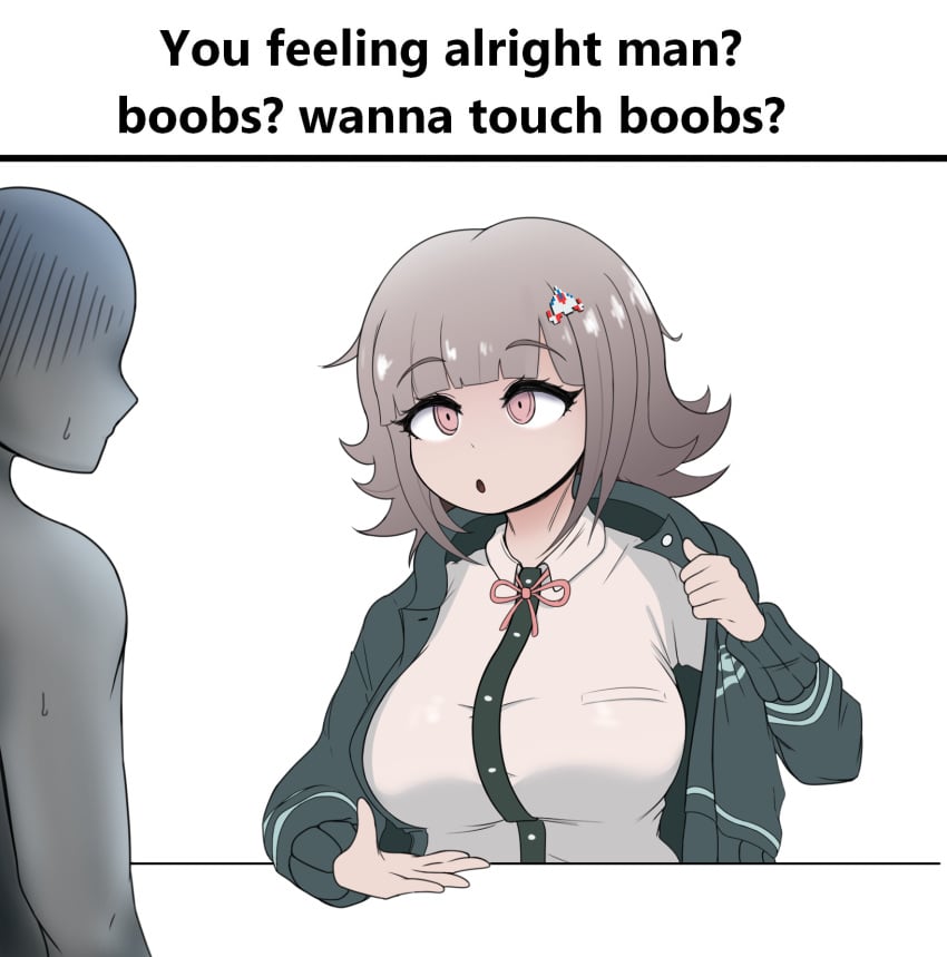 1girls :o black_jacket blunt_bangs boobs?_wanna_touch_boobs? breasts danganronpa danganronpa_2:_goodbye_despair english_text hair_ornament highres jacket large_breasts long_sleeves matraart meme nanami_chiaki neck_ribbon open_clothes open_jacket pink_eyes pink_ribbon ribbon shirt simple_background upper_body white_background white_shirt