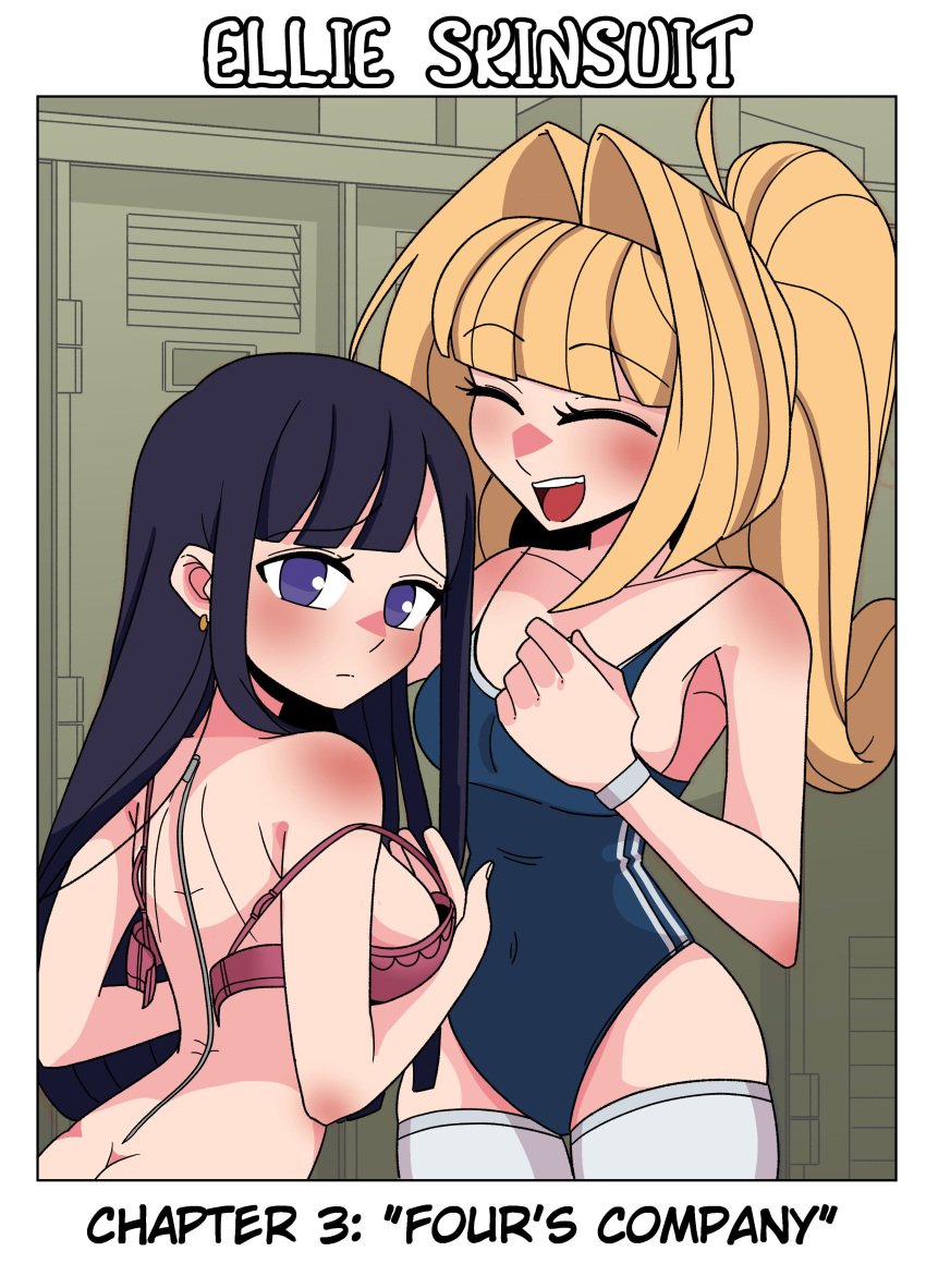 2girls blonde_hair bra color comic disguise ellie_(impunderneath) english_text female imposter impunderneath original original_character possessed possession purple_eyes skinsuit smile swimsuit thigh_highs thighhighs zipper