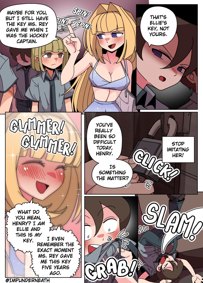 1girls blonde_hair blush color comic disguise ellie_(impunderneath) english_text female imposter impunderneath original original_character possessed possession purple_eyes skinsuit