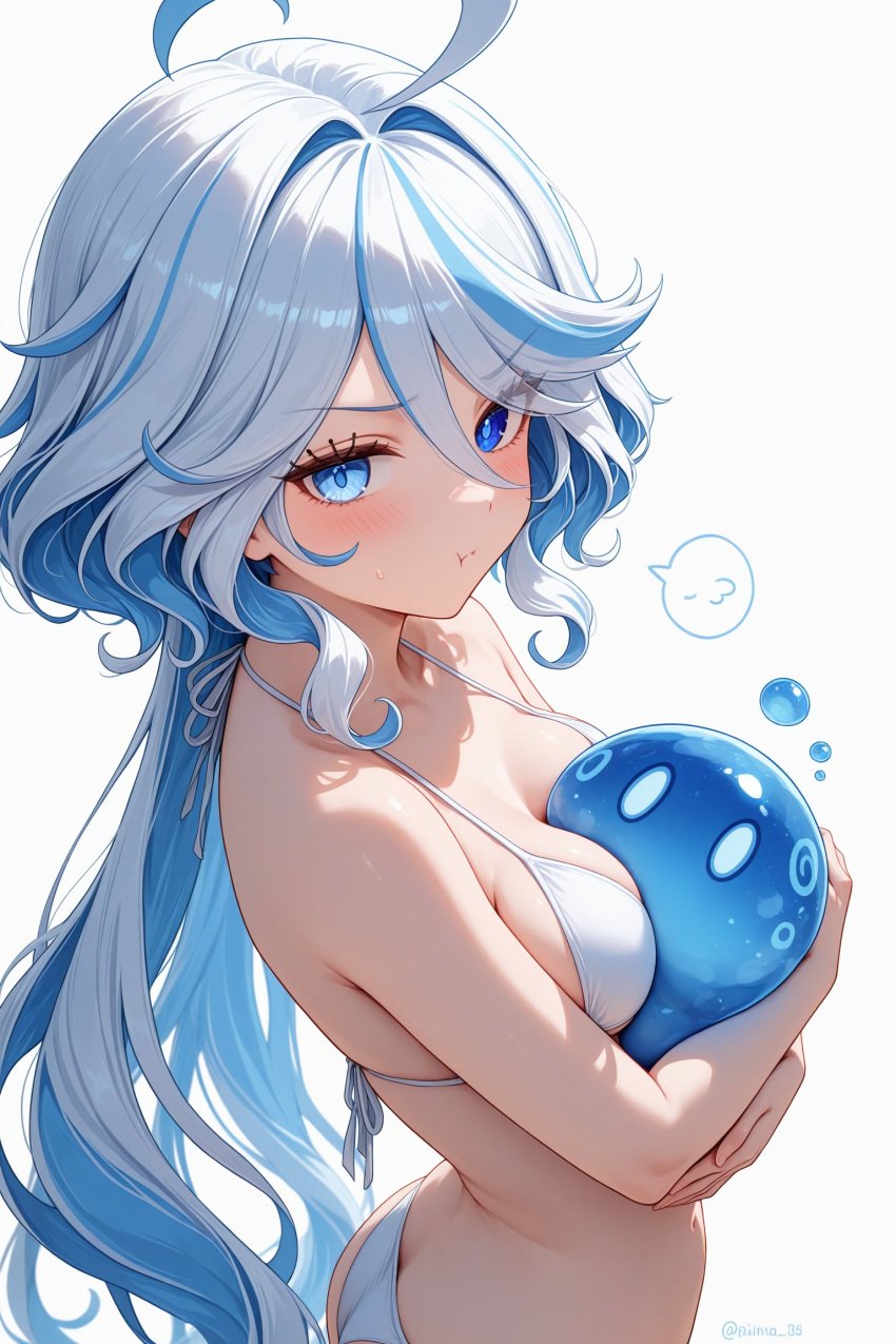 1girls :t ai_generated ass between_breasts bikini blue_eyes blush breasts furina_(genshin_impact) genshin_impact hug looking_at_viewer petite pout slime_(genshin_impact) slime_monster small_breasts solo stable_diffusion white_bikini white_hair