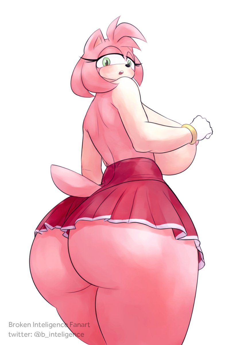 2023 amy_rose anthro areola ass b_inteligence big_breasts big_butt blush bottomwear breasts clothed clothing eulipotyphlan female gloves green_eyes half-closed_eyes handwear hedgehog hi_res huge_breasts huge_butt looking_at_viewer looking_back low-angle_view mammal multicolored_body narrowed_eyes nipples open_mouth pink_areola pink_nipples sega side_boob skirt solo sonic_(series) sonic_the_hedgehog_(series) thick_thighs topless two_tone_body