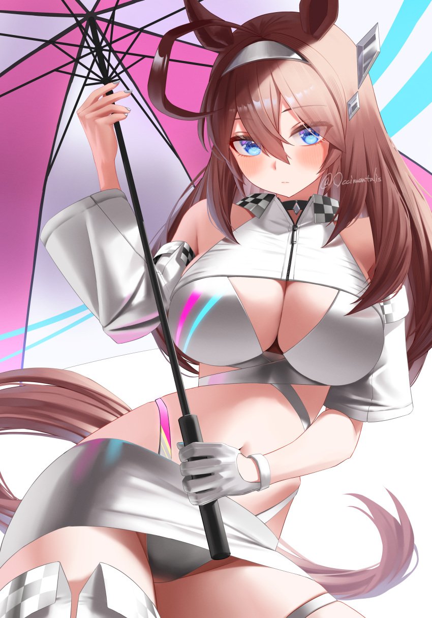 1girls bare_midriff blue_eyes brown_hair choker cleavage female female_only fully_clothed midriff miniskirt nail_polish occimentalis painted_fingernails painted_nails panties pantyshot png race_queen revealing_clothes skirt solo thong thong_straps tight_clothing umbrella white_clothing