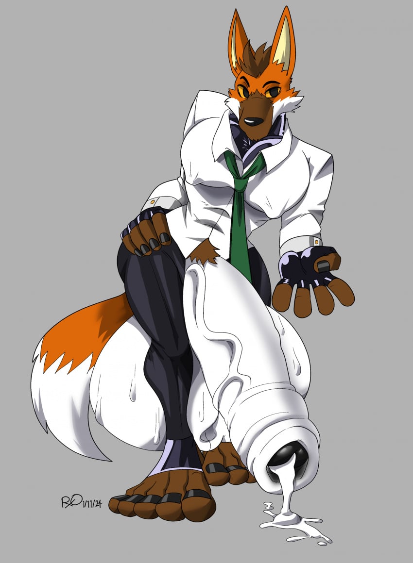 aggressive_retsuko anthro balls bara barazoku boner erection fox furry hyper_balls hyper_penis male male_only muscles muscular ookami_(aggretsuko) penis penis_out rxq solo solo_male