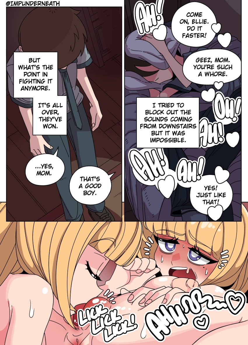 blonde_hair breasts color comic ellie_(impunderneath) english_text female impunderneath maria_(impunderneath) milf mother mother_and_daughter nipples nude_female original original_character possessed possession purple_eyes yuri