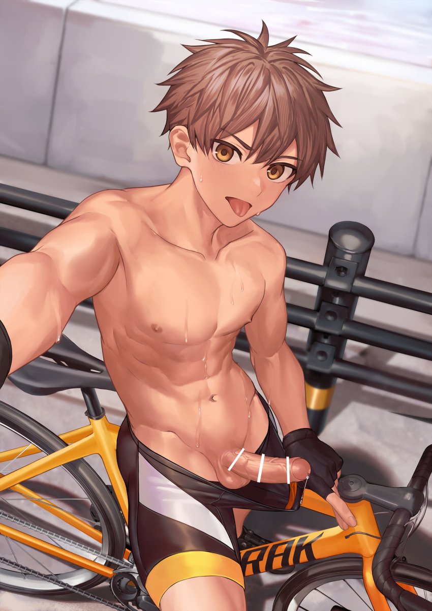 1boy abs armpits balls bicycle big_areola bike biker biker_clothes blush brown_hair censor_bar censored censored_penis collarbone depth_of_field erect_nipples erection eyelashes fence fingerless_gloves fingernails foreskin gay gloves hi_res looking_at_viewer male male_only mature_male muscles muscular muscular_male navel nayoshi_(r-744) no_body_hair open_mouth original original_character outdoor_nudity outdoors pants_down pecs penis pointless_censoring precum precum_drip public public_nudity road selfie selfie_pose shadow short_hair sitting six_pack solo sweat sweatdrop sweating sweaty tongue_out topless uncut veiny_penis yaoi yellow_eyes young