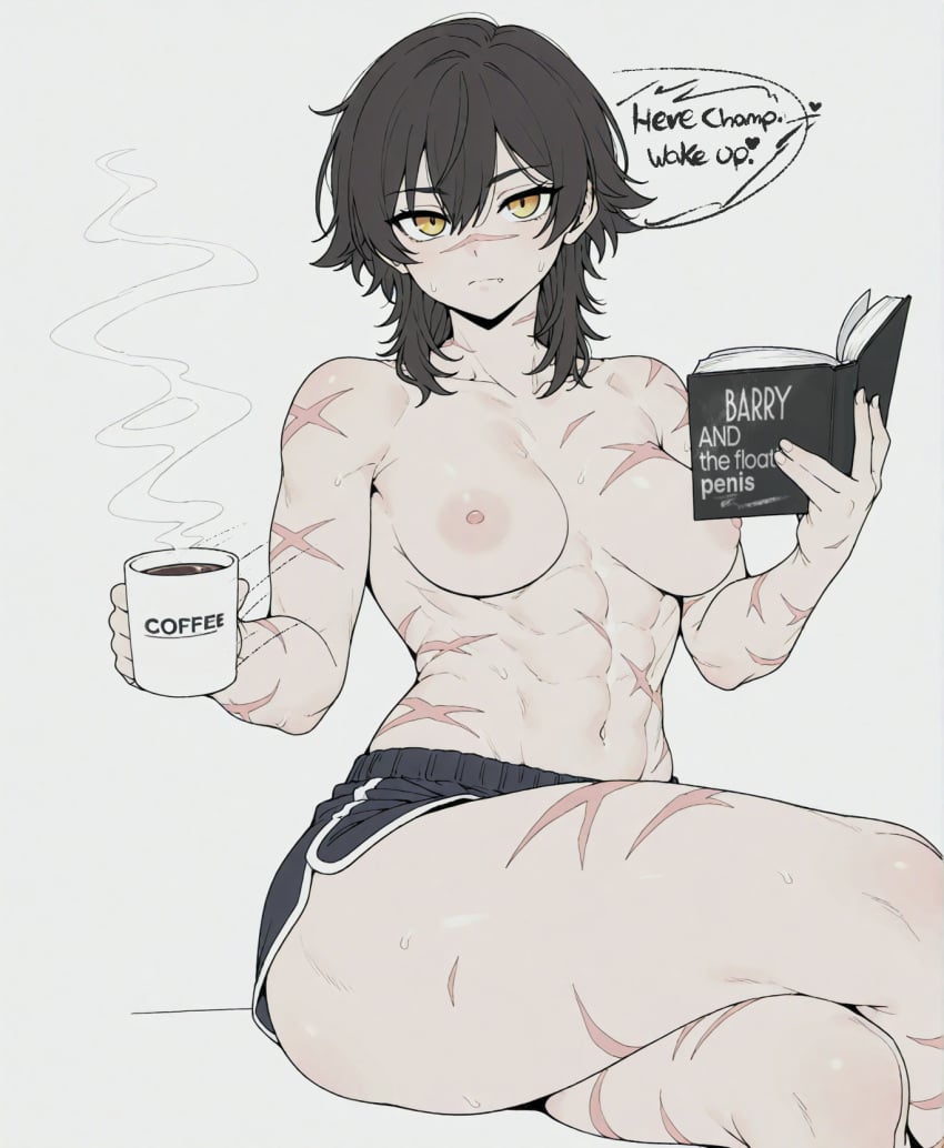 abs ai_assisted black_hair black_shorts book breasts closed_mouth coffee coffee_mug crossed_legs cup dolphin_shorts english_text female hair_between_eyes holding holding_book holding_cup large_breasts looking_at_viewer medium_breasts medium_hair mug muscular muscular_female navel nipples reading scar scar_on_arm scar_on_chest scar_on_face scar_on_leg scar_on_stomach scars short_hair short_shorts shorts simple_background sitting solo sondu steam sweat thighs tomboy topless white_background wolf_cut yellow_eyes
