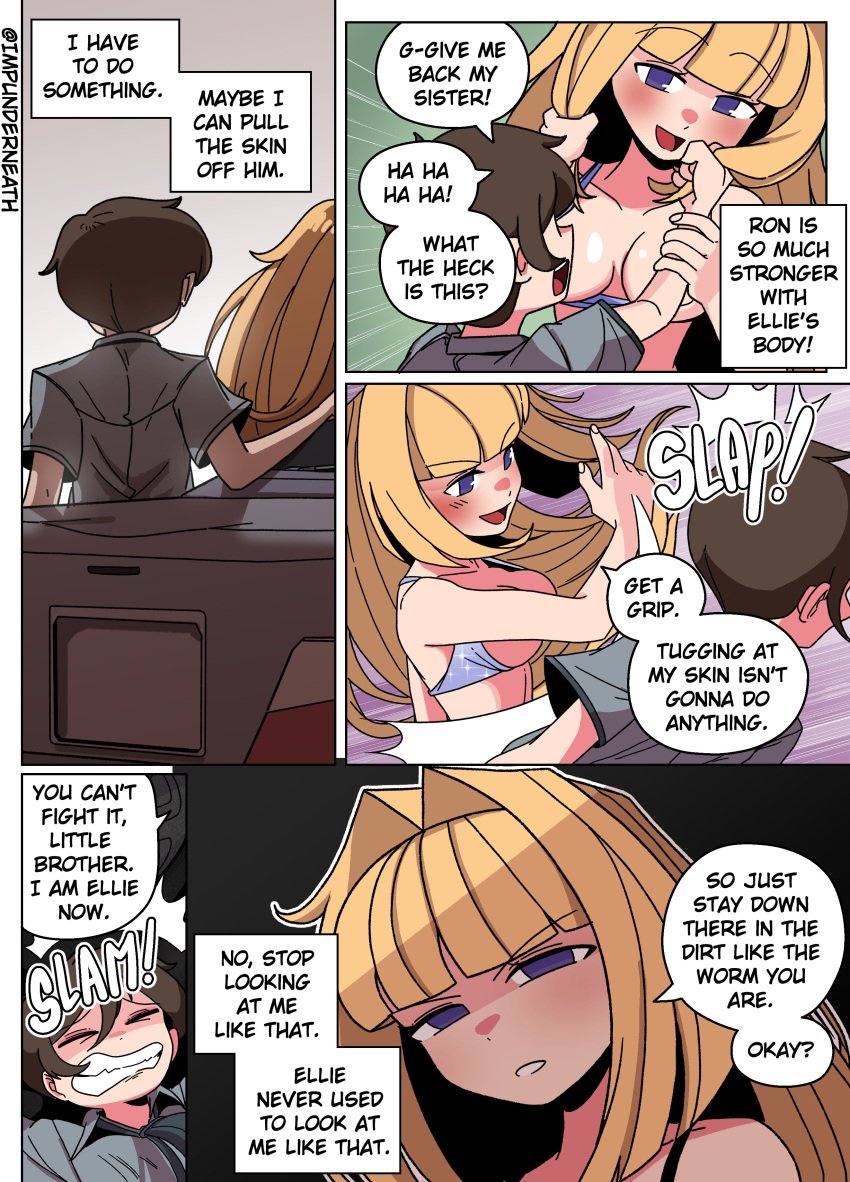 blonde_hair color comic disguise ellie_(impunderneath) english_text female imposter impunderneath original original_character possessed possession purple_eyes skinsuit