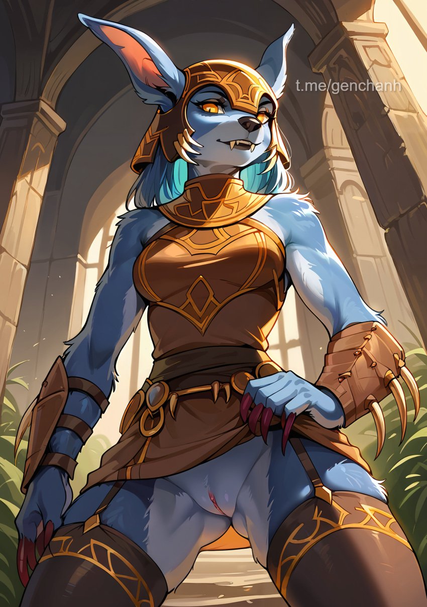 ai_generated armor bear bracers breasts claws dota_2 dress_lift fangs garter_belt genderswap_(mtf) genhartist helmet long_ears r63 skirt_lift smile standing stockings suspenders ursa