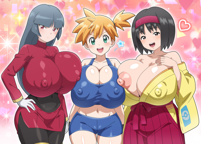 3girls :d alternative_bust_size aqua_eyes areolae asymmetrical_hair bangs bare_shoulders black_eyes black_hair blunt_bangs blush bodysuit breast_press breast_suppress breasts clavicle cleavage closed_mouth clothing covered_navel cowboy_shot crop_top curvaceous erect_nipples erika_(pokemon) female female_only gloves green_eyes hairband hand_on_hip headwear heart heart_background high_resolution hitokiwa_kenchin huge_breasts kasumi_(pokemon) kimono large_breasts large_filesize long_hair long_sleeves looking_at_viewer midriff multiple_girls navel nipples open-mouth_smile open_mouth orange_hair pantyhose pokemon pokemon_character ponytail red_eyes red_hairband robe sabrina_(pokemon) shiny shiny_hair shiny_skin shirt short_hair shorts side_ponytail skirt smile sparkle standing tank_top teeth thick_thighs thighs tied_hair traditional_clothes upper_teeth upper_teeth_only very_high_resolution very_long_hair wafuku white_gloves wide_hips