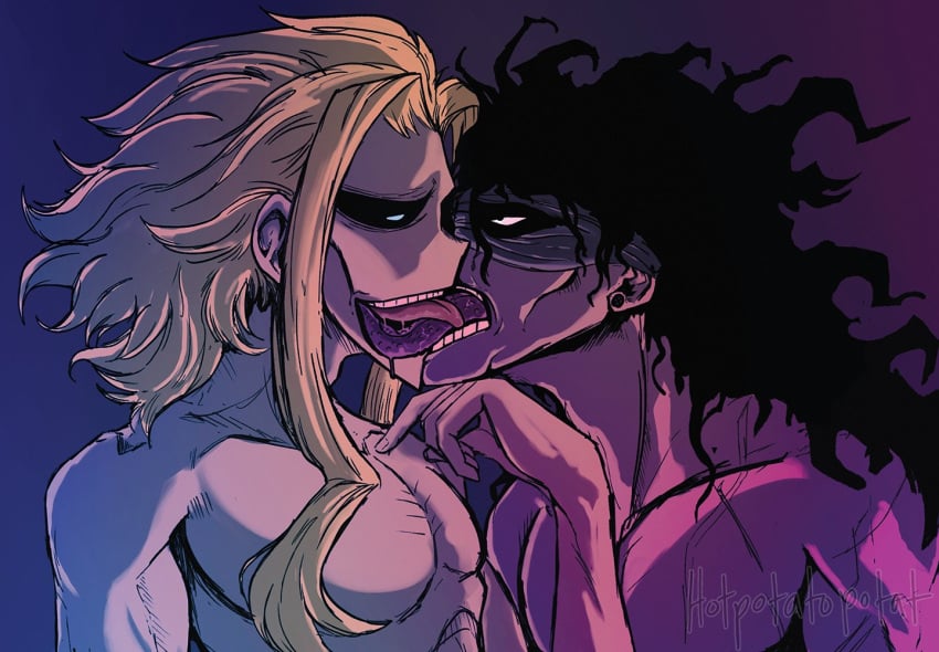 age_difference akaguro_chizome all_might black_hair blonde_hair blue_eyes contrast cute hero_killer love making_out male male_only muscular muscular_male old_man older_male pecs pecs_focus pierced_ears piercing skinny skinny_male stain_(my_hero_academia) stainmight tongue tongue_kiss tongue_out yagi_toshinori younger_male