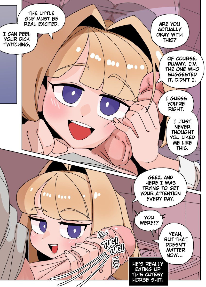 color comic disguise ellie_(impunderneath) english_text female handjob imposter impunderneath original original_character penis_on_face possessed possession skinsuit