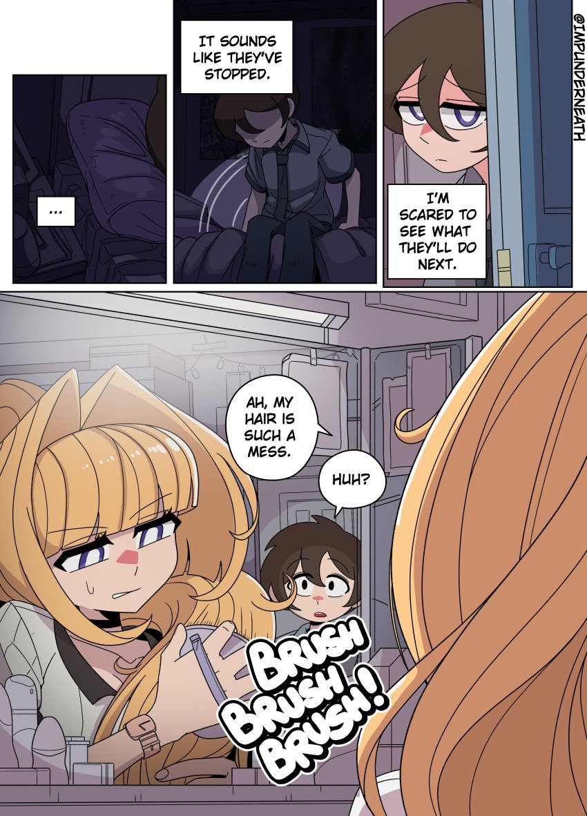 blonde_hair color comic disguise ellie_(impunderneath) english_text female imposter impunderneath original original_character possessed possession purple_eyes skinsuit