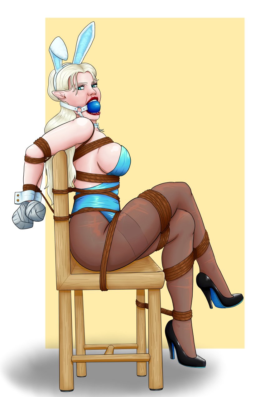 1girls ball_gag blonde_hair bondage bound bound_hands bunny_ears bunnysuit chair chair_bondage drool drooling female female_only femsub fully_clothed gag gagged high_heels lipstick makeup meowitzher pantyhose png pointy_ears revealing_clothes rope solo solo_female tape taped_hands