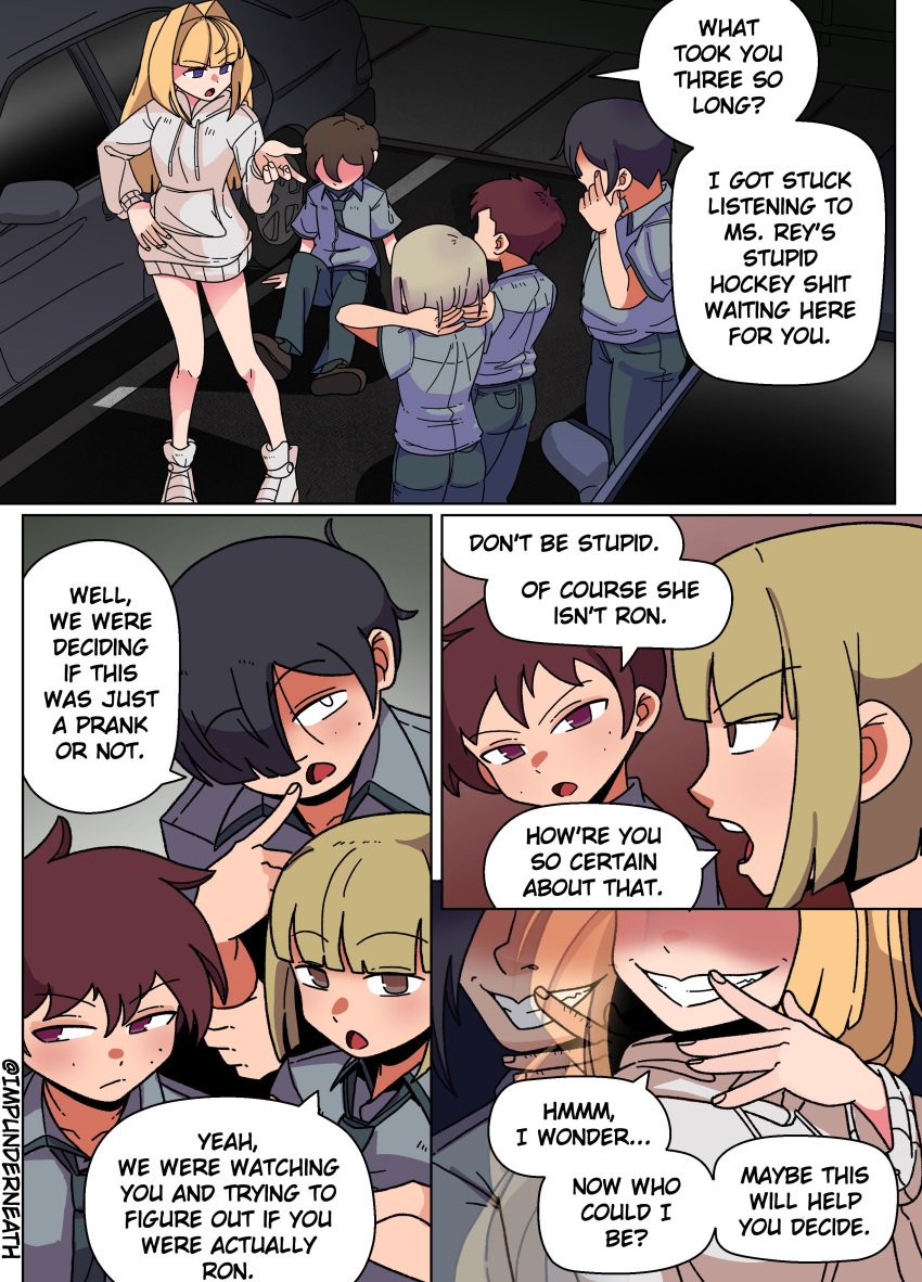 blonde_hair color comic disguise ellie_(impunderneath) english_text female imposter impunderneath original original_character possessed possession purple_eyes skinsuit