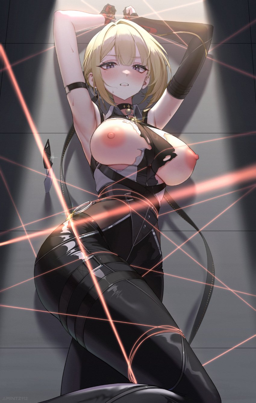 armpits arms_up ascot belt black_choker black_gloves black_pants blonde_hair blush bondage boots bound bound_wrists breasts breasts_out choker clenched_teeth collared_shirt cross ear_piercing earrings elbow_gloves evelyn_chevalier female gloves high-waist_pants jewelry large_breasts looking_at_viewer mintz912 nipples nude_edit nude_filter pants parted_lips piercing purple_eyes restrained shirt short_hair single_glove sleeveless sleeveless_shirt solo sweat teeth torn_clothes white_shirt xgaggi zenless_zone_zero