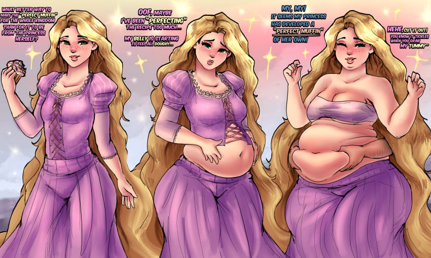 1boy 1girls belly_grab big_belly chubby chubby_female clothes_too_small dialogue female huge_belly human male newmetrack rapunzel_(tangled) revealing_clothes tangled text wardrobe_malfunction weight_gain weight_gain_sequence