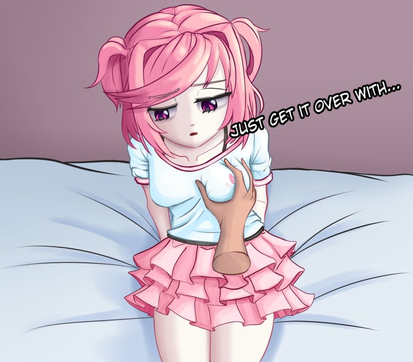 1female 1girls ambiguous_consent bed breasts clothed collarbone dadsuki doki_doki_literature_club english_text female_focus grope groping groping_breasts incest moritaris natsuki_(doki_doki_literature_club) on_bed pink_eyes pink_hair pink_skirt rape sad sexual_assault skirt text thighs unwanted