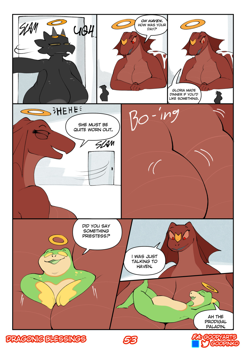 absurd_res anthro big_breasts breasts comic dialogue english_text goopyarts haven_(goopyarts) hi_res huge_breasts hyper hyper_breasts kobold scalie text