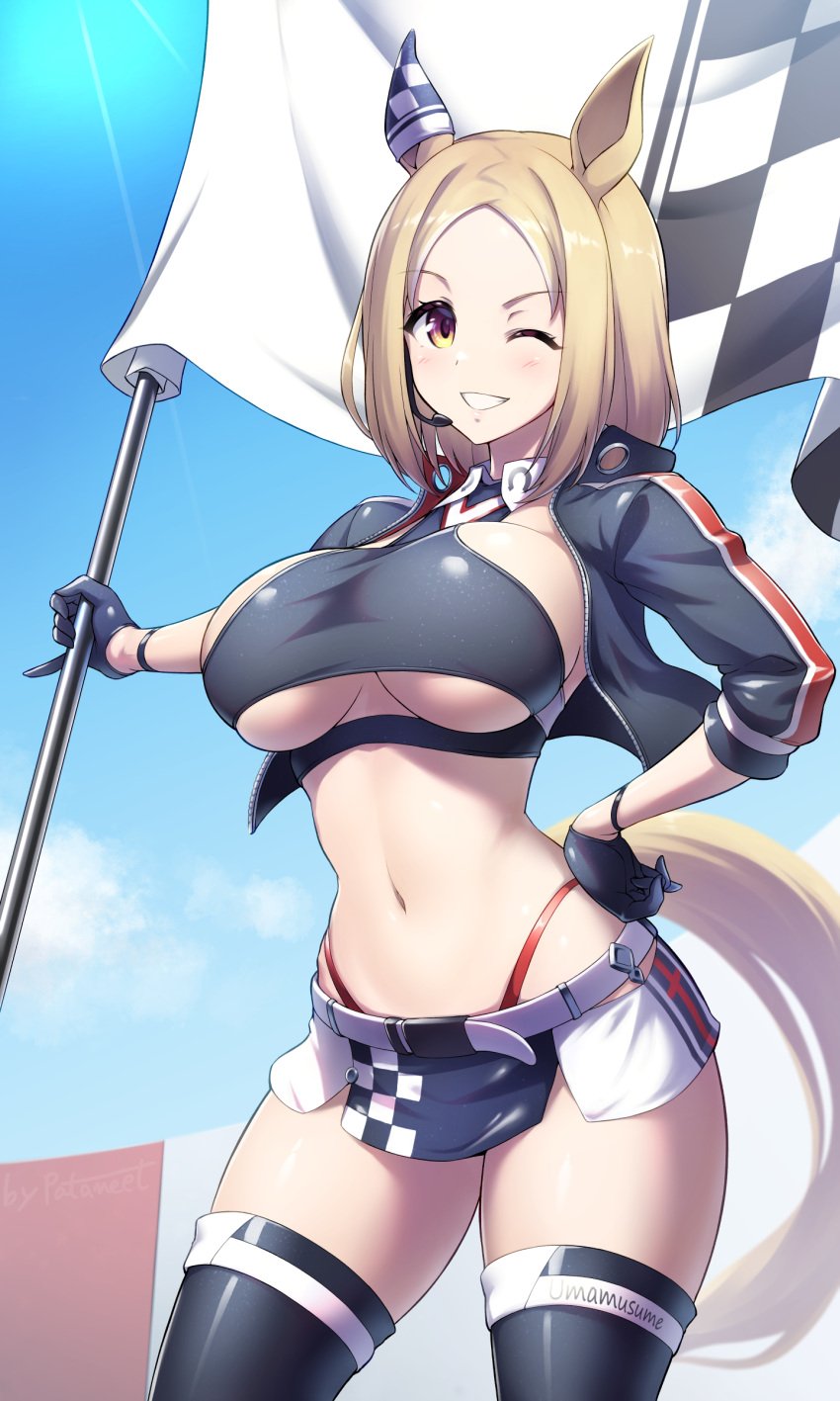 1girls bare_midriff female female_only flag fully_clothed gloves holding_flag looking_at_viewer midriff miniskirt one_eye_closed pataneet png race_queen revealing_clothes shiny_clothes skimpy_clothes skirt stockings thighhighs thong thong_straps underboob yellow_eyes