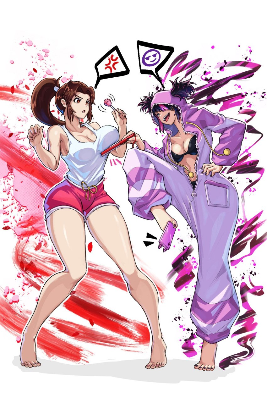 barefoot black_bra breast_lift brown_hair fatal_fury juri_han large_breasts legs mai_shiranui pajamas ponytail red_shorts stickiezblue street_fighter street_fighter_6 tank_top thighs white_tank_top yuri