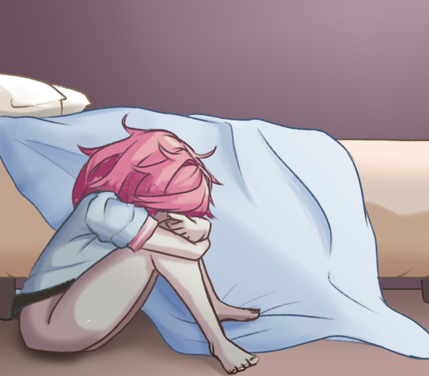 1female 1girls ambiguous_consent barefoot bed bottomless bottomless_female doki_doki_literature_club feet female_focus implied implied_incest implied_rape moritaris natsuki_(doki_doki_literature_club) pillow pink_hair sad