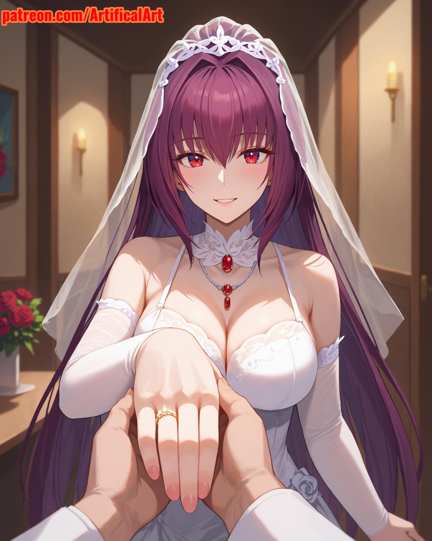 1girls ai_generated artifical_art blush bride fate/grand_order fate/stay_night fate_(series) long_hair perfect_body purple_hair red_eyes scathach_(fate)