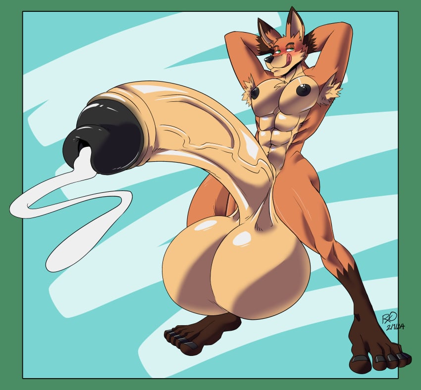 anthro armpit armpit_hair armpits balls bara barazoku boner cum erection fox furry hands_behind_head hyper_balls hyper_penis male male_only muscles muscular nick_wilde nude penis rxq solo solo_male zootopia