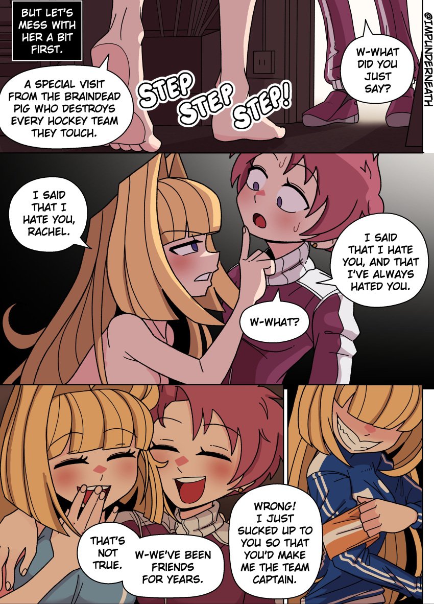 2girls blonde_hair color comic ellie_(impunderneath) english_text female impunderneath original original_character possessed possession purple_eyes rachel_ray_(impunderneath) red_hair